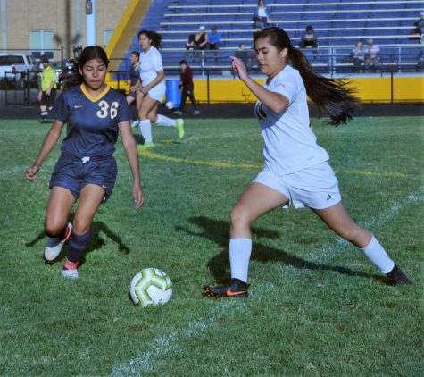 Sophomore Adriana Cardoso (36) defends during a varsity home game against Minneapolis Roosevelt.