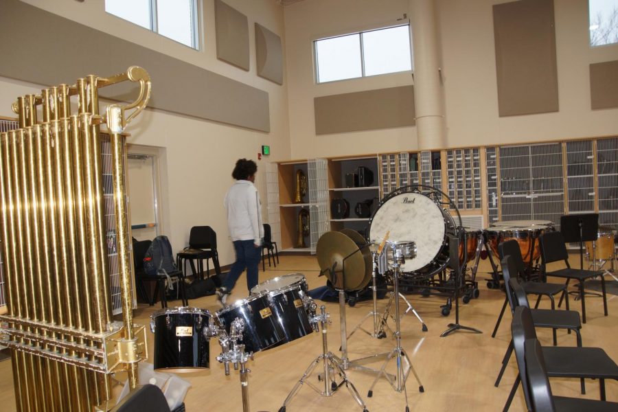 New band room provides more space for percussionists and an area to store intruments. 
