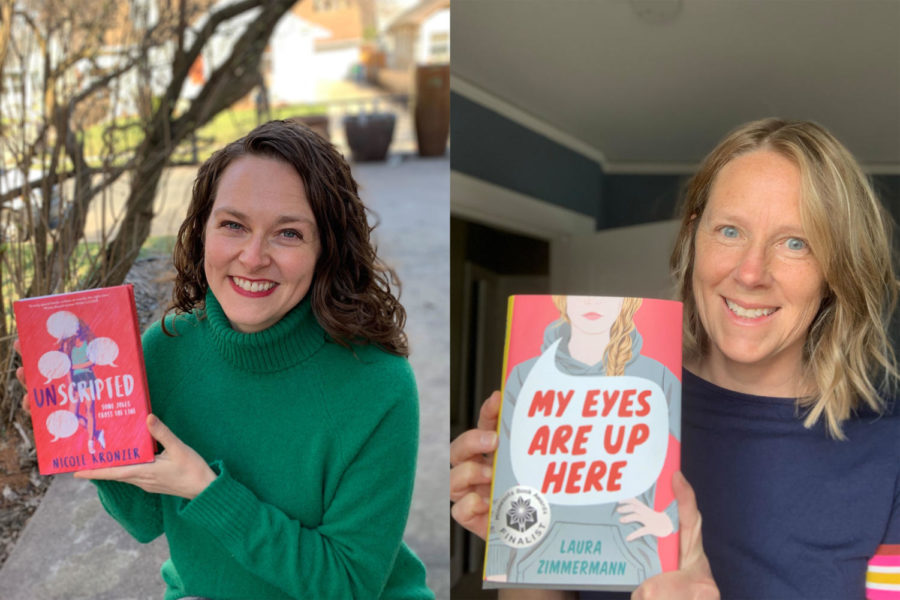 Minnesota Book Award finalists Nicole Kronzer (left) and Laura Zimmermann (right) pose with their respective books, Unscripted and My Eyes Are Up Here. 