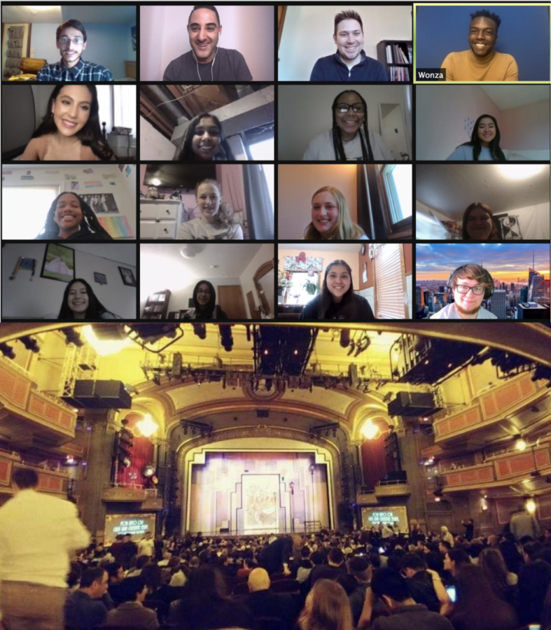 The typical New York seminar would feature a night in the theater (bottom), along with an array of various other tourist events, but now that it is online, students instead meet on Zoom to talk to Broadway stars (top).