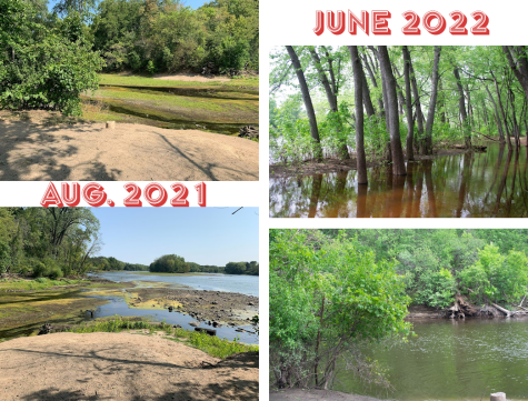 On the left is the park at North Suburban Arts Center in Fridley in August of 2021, while the left shows flooding from the Mississippi as of just under two weeks ago.