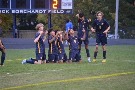 Players for the CHHS boys soccer team celebrate yet another win, furthering their road to section finals. 