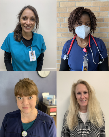 Clockwise starting at top-left: Maria Reyes, RN (Columbia Academy); Hannah Lifaka (Highland Elementary); Shar King, LPN (North Park School for Innovation); Kelly Bozovsky-Ruth, LPN (Valley View Elementary).