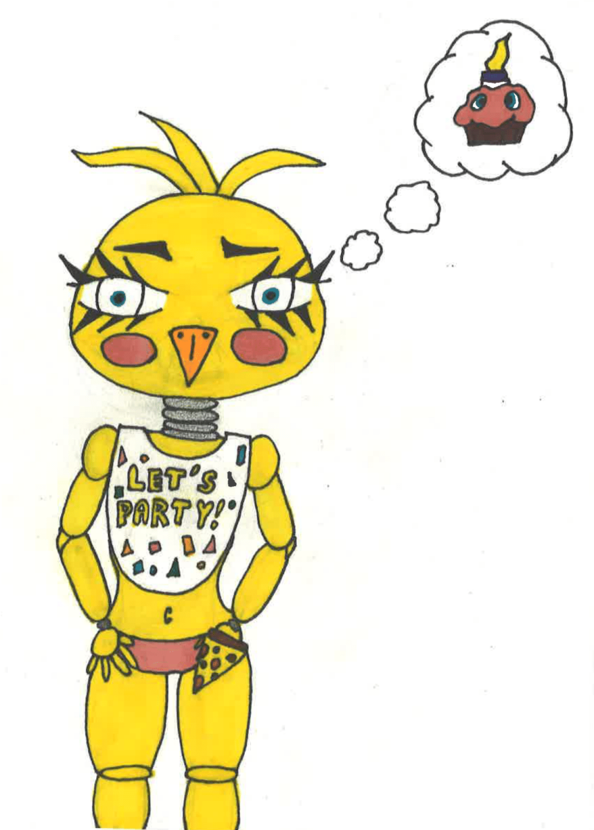 FNAF character Chica in her animal-inspired animatronic suit, dreaming of her cupcake sidekick. 