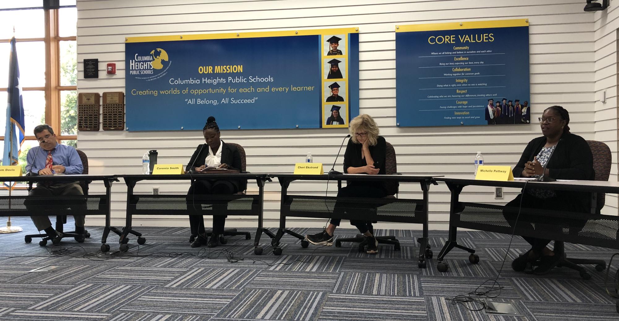 School board candidates responded to questions in a public forum held in the CHPS Community Room on September 12 by Local 710, the CHPS teachers' union. From left to right: Adam Davis, Corenia Smith, Cheri Ekstrand and Michelle Pettway.