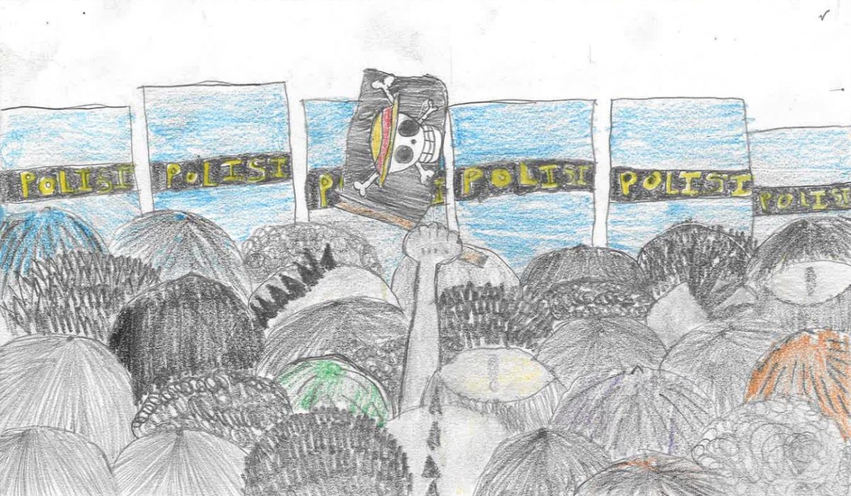 Indonesian protestors gather and hoist the straw hat jolly roger from the hit manga series "One Piece" in defiance of the government and police.