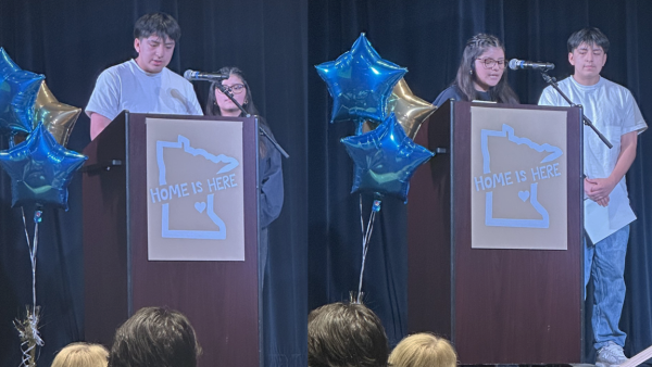 Columbia Heights High School senior Justin Cajamarca Ayora (left) and junior Ava Sinchi (right) delivered powerful speeches to the community at an event organized by Columbia Heights Public Schools this month.